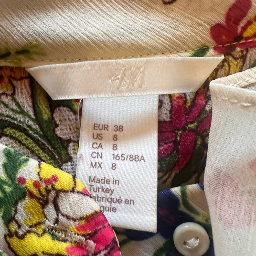 H&M Floral Ruffle Front Blouse Sheer Long Sleeve Size 8 - Picture 6 of 8